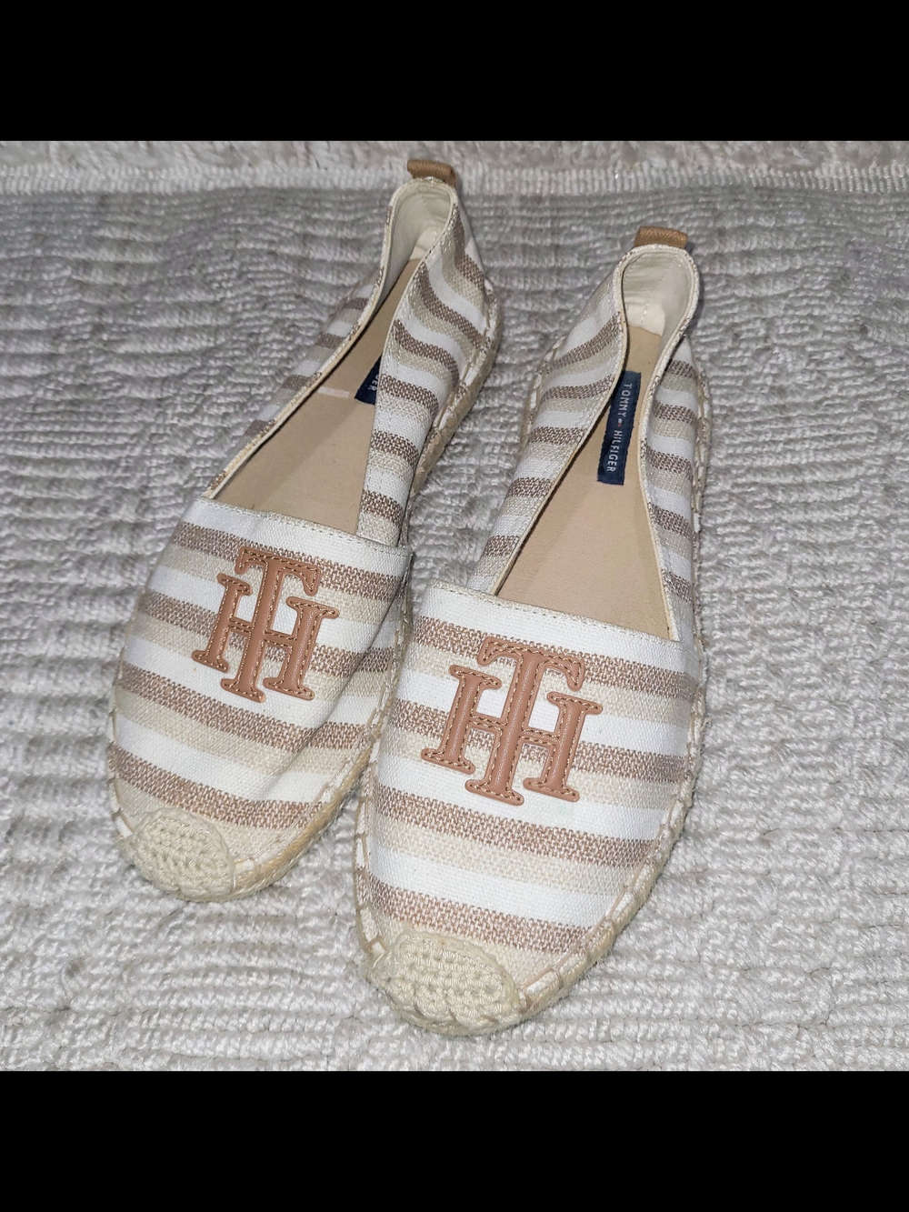 Tommy Hilfiger Striped Canvas Espadrille Flats Brown Tan Sz 8